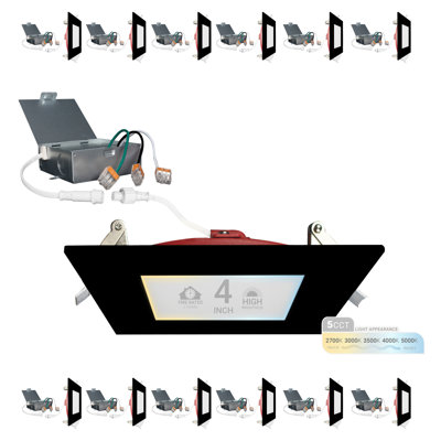 NUWATT 12 Pack, 4 Inch 2 Hour FIRE Rated LED Recessed Light, 2700K/3000K/3500K/4000K/5000K Selectable, 900 Lumen Dimmable, IC Rated, Square Black Trim Ultra-Thin Canless Downlight, No Tenmat Needed