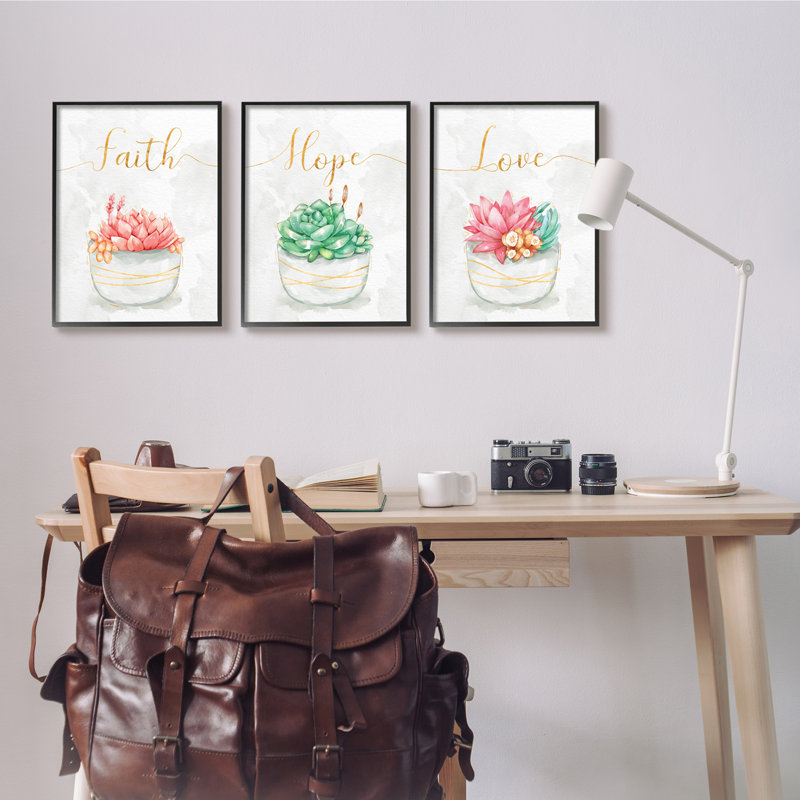 Charmantes plantes succulentes «Faith Hope Love», Giclée encadrée noir minuit, H 16 po x l 60 po