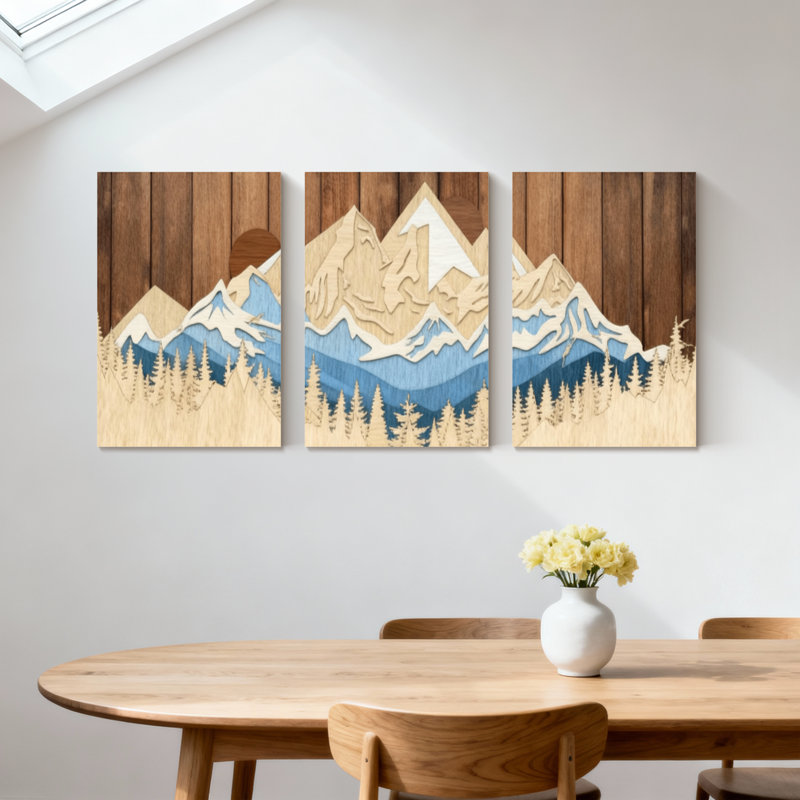 «Landscape & Nature Mountain Forest Sky Reflection Wood Art Design», ensemble de 3 impressions sur toile, H 24 po x l 48 po