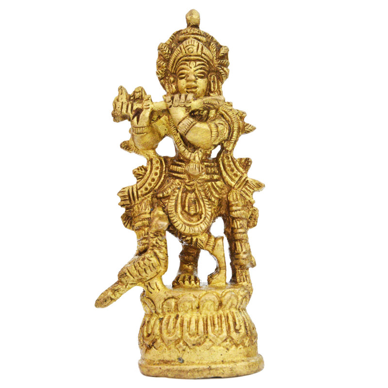 Handmade 3-Inch Brass Lord Krishna with Flute Figurine | Small Indian Statue for Altar & Spiritual Home Decor