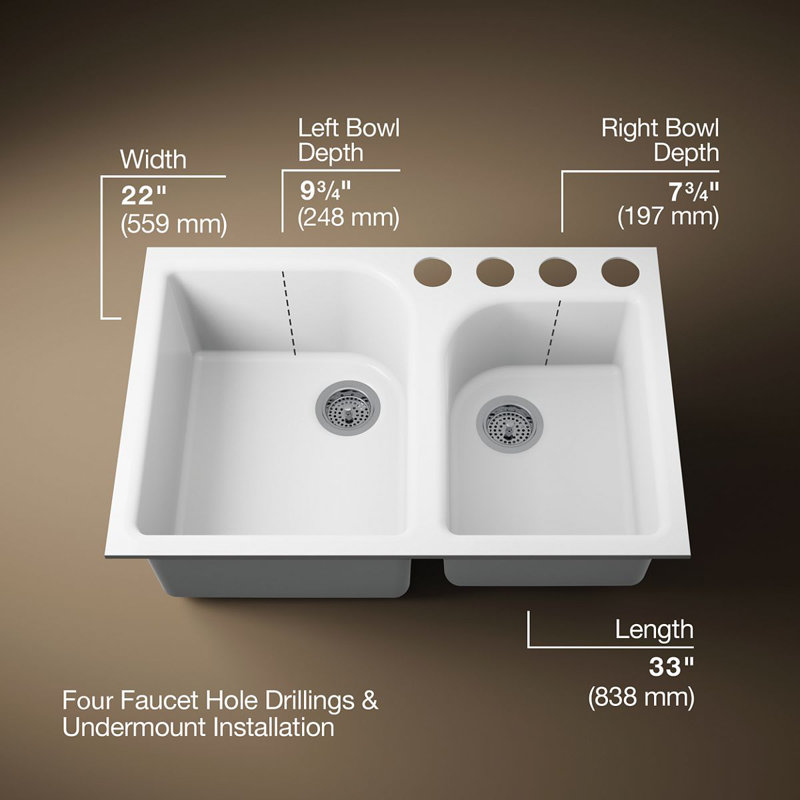 Executive Chef 33" L x 22" W Undermount Kitchen Sink with 4 Oversize Faucet Holes, White