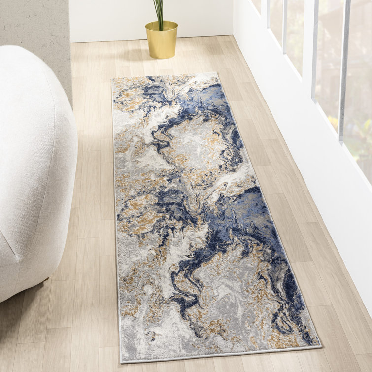Modern Abstract Blue Gray Gold Area Rug