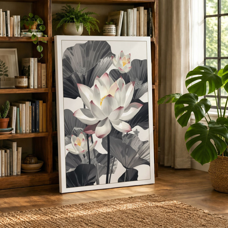 Luminous Lotus Botanical - Wrapped Canvas, 30x20 - 76.2 x 50.8 cm, Black Border