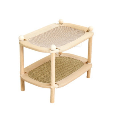 2-Tier Solid Wood Cat Bed with Woven Cooling Mat, Dual Level Elevated Cat Hammock Bed, Scratch Resistant Sisal Surface Cat Lounge for All Season Small Medium Indoor Cats