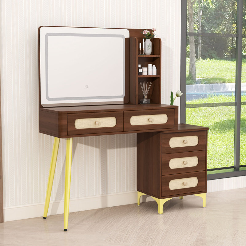 Bureau de maquillage avec miroir, lumières réglables, 5 tiroirs et tablettes de rangement, Noyer foncé
