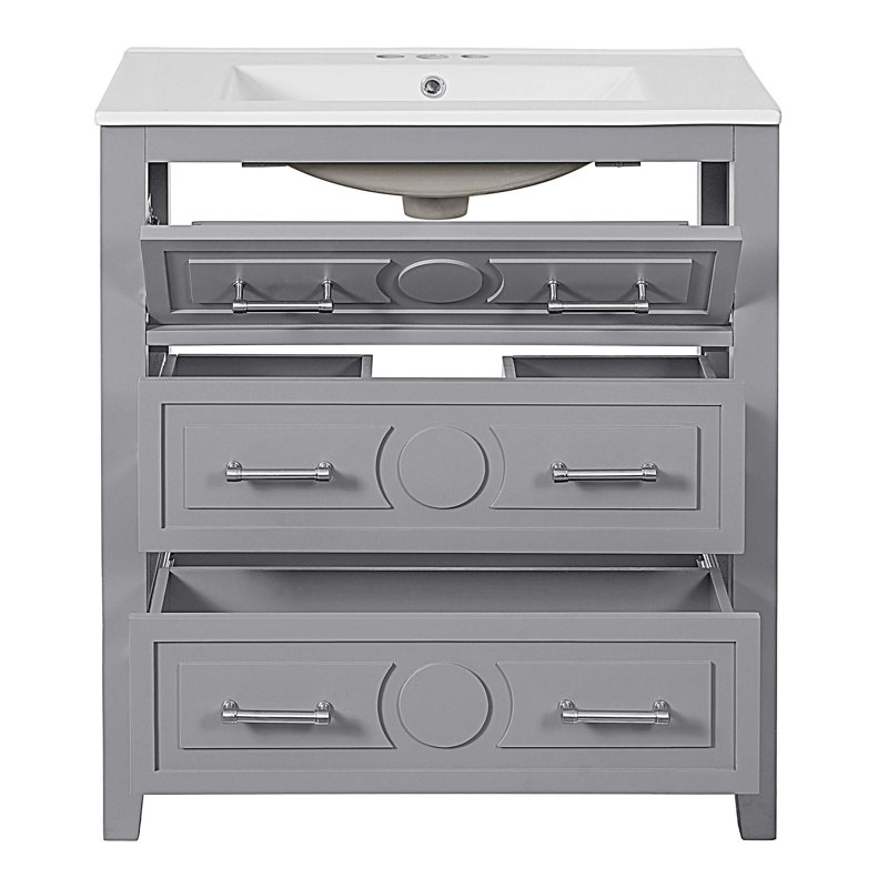 Armoire de salle de bain 30 po avec lavabo en céramique 30 po et 3 tiroirs, Gris