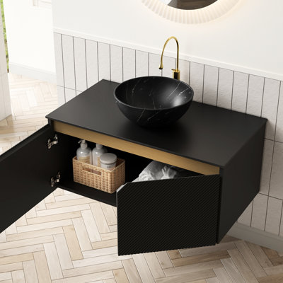 Meuble-lavabo flottant noir de 36 po, rangement en contreplaqué avec portes doubles en sergé et garniture en métal, vasque en céramique à motif de pierre, comptoir fritté, meuble-lavabo et lavabo à fermeture en douceur, rangement, mécanisme
