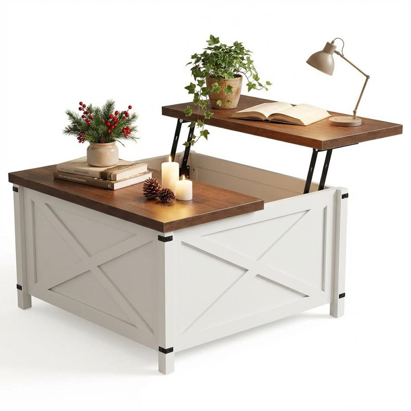 Table basse relevable hydraulique avec rangement - Design industriel rustique réglable avec rangement caché et tablette ouverte. Table centrale multifonctionnelle parfaite pour le salon, le bureau personnel