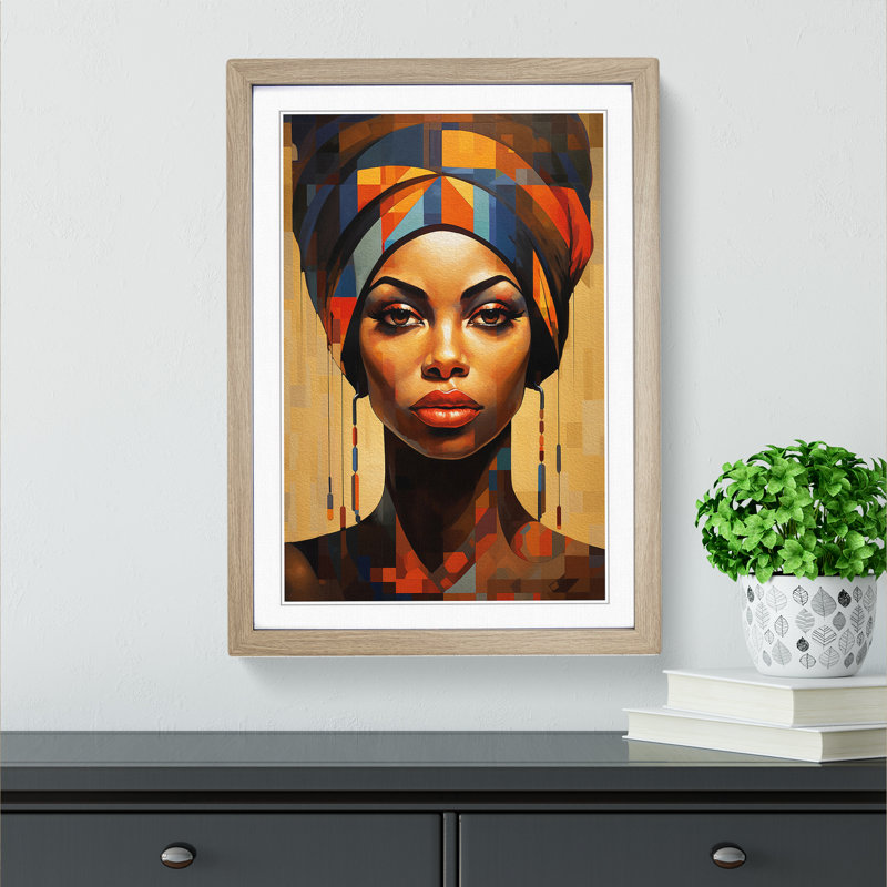 African Woman Geometric Framed Print, 34cm H x 25cm W x 2cm D, Oak 