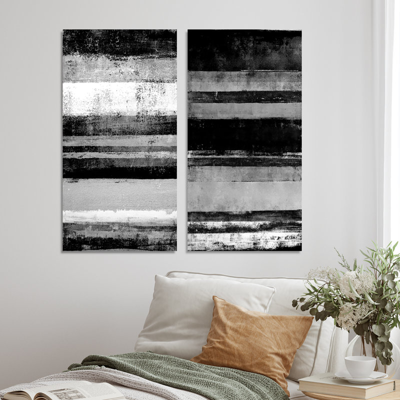 Ensemble de 2 peintures sur toiles - bandes abstraites noires et blanches, Toile tendue, H 32 po x l 32 po x P 1 po