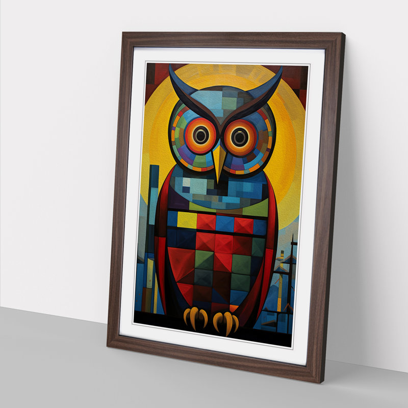 Owl Constructivism - Single Picture Frame Print on Wood, 34cm H x 25cm W x 2cm D, Walnut Framed