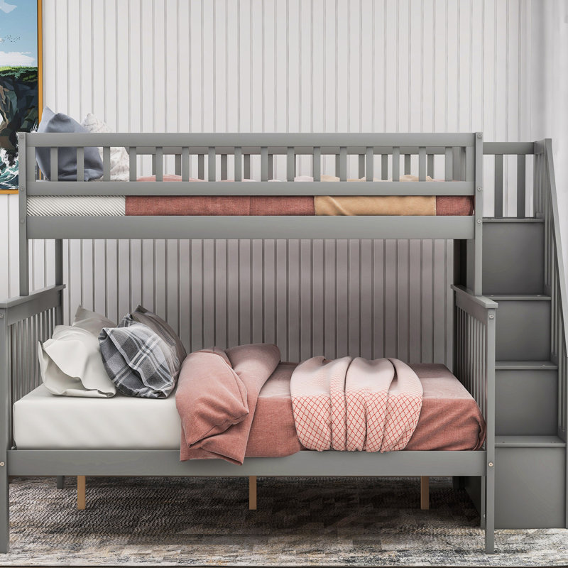 Lit superposé simple / double avec escalier gris Spark, bois de pin et avec tablettes latérales pour le rangement, peut être divisé en deux unités séparées