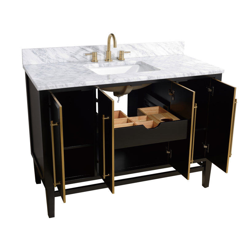 Meuble-lavabo simple 48 po avec comptoir en marbre de Carrare Ewen, Blanc de Carrare, Noir, Or mat