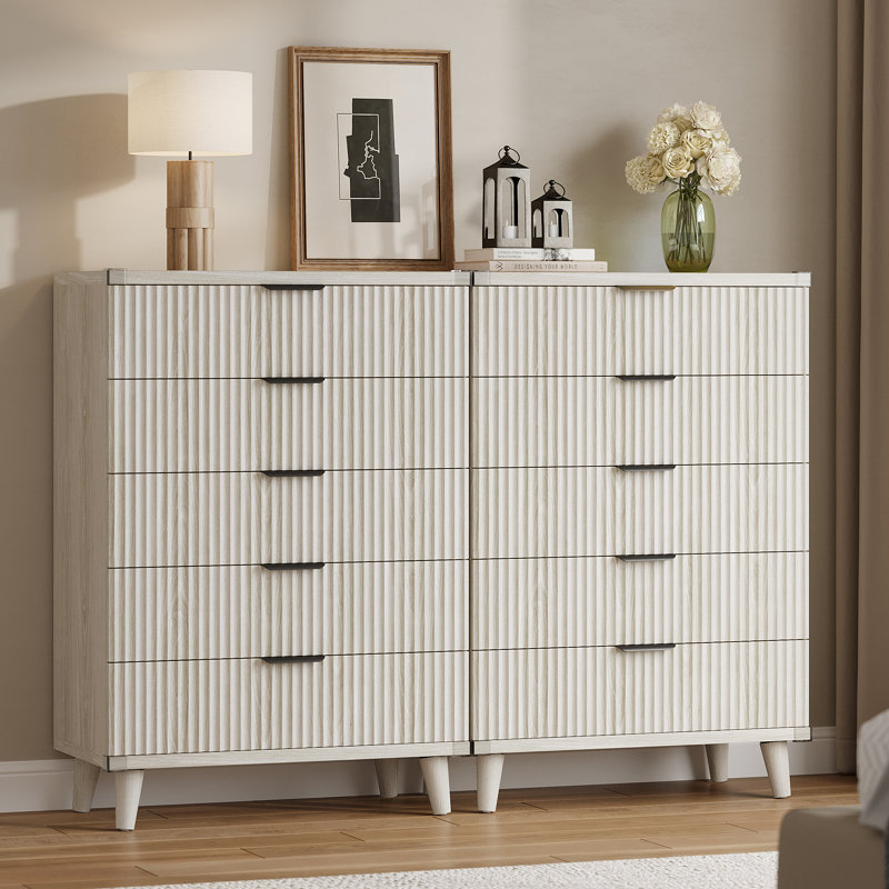 Commode à 5 tiroirs cannelés pour chambre à coucher, commode moderne de 28 po avec tiroirs profonds, organisateur de tiroir en bois pour salon, couloir, chambre de bébé, garde-robe de couloir