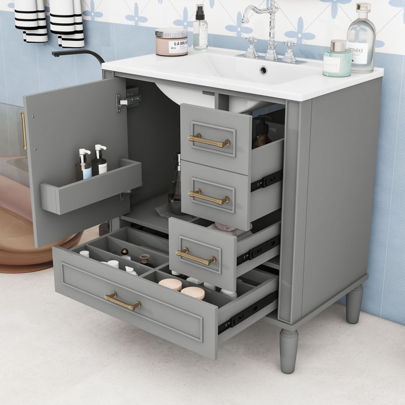 Meuble-lavabo de salle de bain avec lavabo en céramique, tiroirs de rangement et porte, Gris