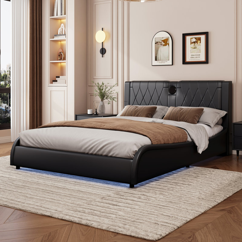 Modern RGB LED Bed Frame with Faux Leather and Bluetooth Speakers, Black, Queen