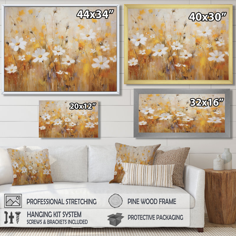 Marguerite blanche dans un champ de blé - art mural fleurs sauvages, Toile avec cadre flottant noir