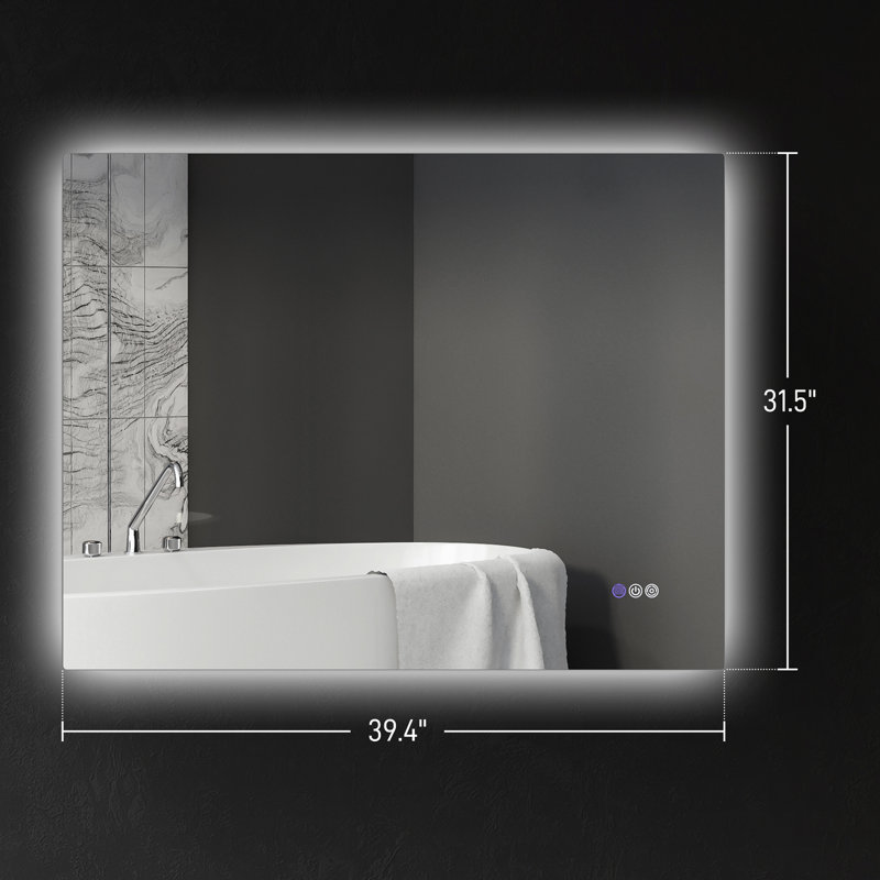 Miroir de salle de bain 39 po x 32 po avec DEL, brouillard, mémoire, à intensité variable, fixation murale, couleur et luminosité réglables, horizontal / vertical, verre transparent, cadre en alliage d'aluminium à DEL
