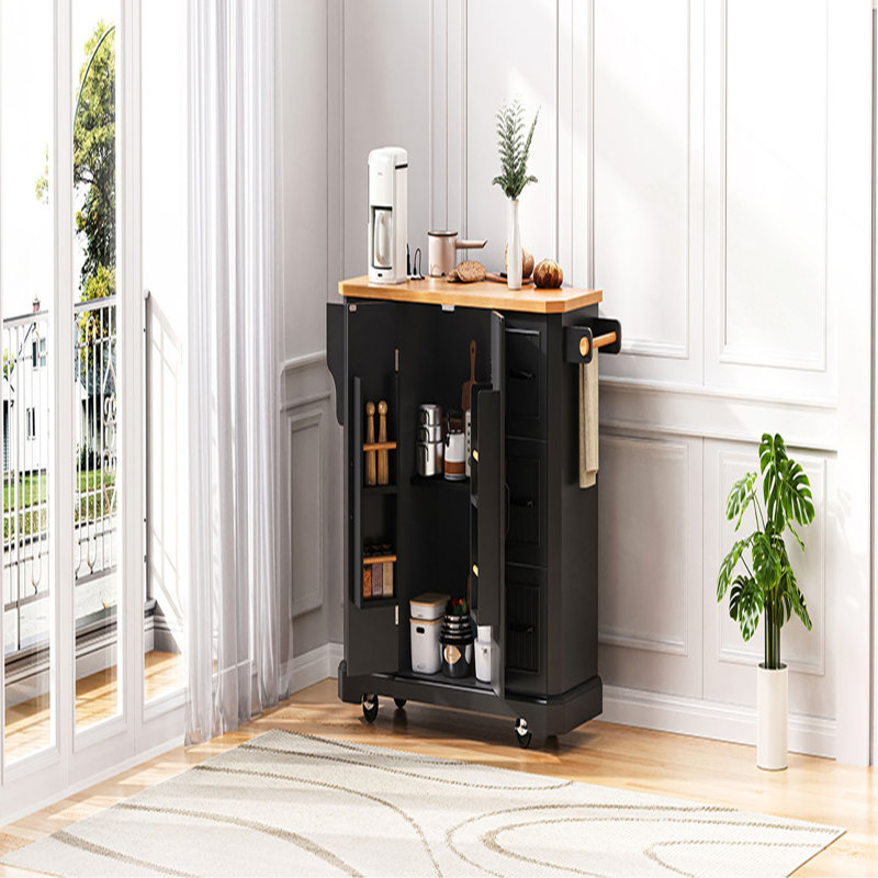 56 inch Kitchen Island with Rubber Wood Veneer Drop Leaf, Power Outlet, 4 Door Shelves, Embossed Vertical Stripe Rolling Kitchen Cart on 4 Wheels with 6 Deep Drawers for Kitchen, Dining Room