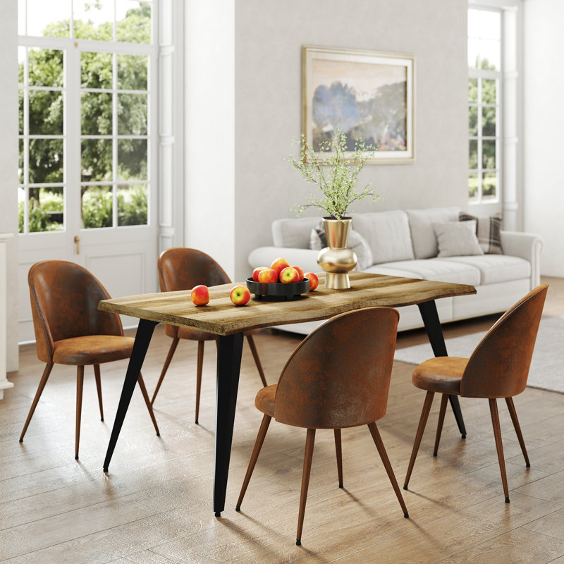 Modern 5-Piece Dining Set With Sculpted Wavy Edge Table For 4–6 People, Brown, Walnut
