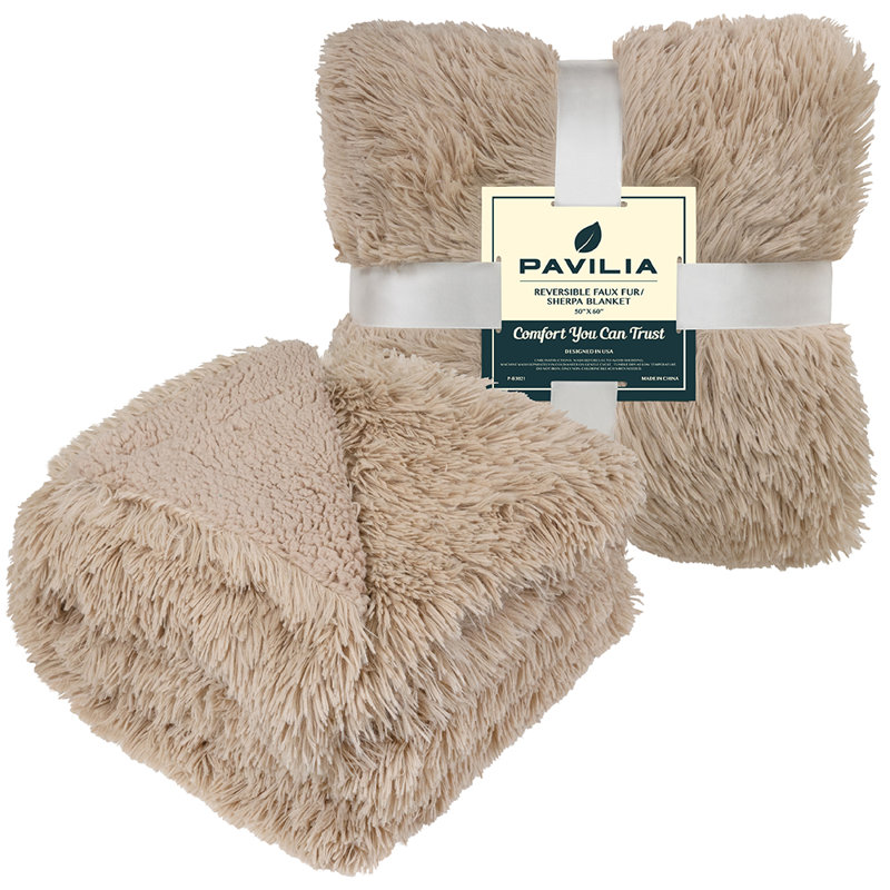 Taupe Reversible Faux Fur and Sherpa Throw Blanket, 50x60 Inches