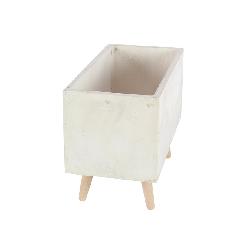 White Fiber Clay Rectangular Planters with Wood Legs, Set of 2