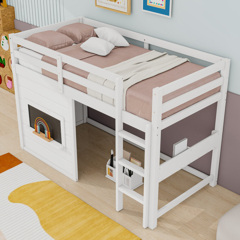 Charmant lit mezzanine en bois avec tableau noir, tablette et échelle, Lit simple, Blanc