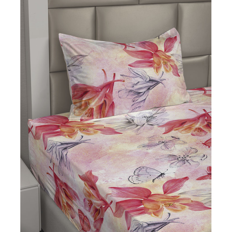 Ambesonne Watercolor Botany Sheet Set 4 Pcs Retro Boho Bloom, Twin Sheet Set with 1 Pillowcase, Dark Coral Pale Pink Floral
