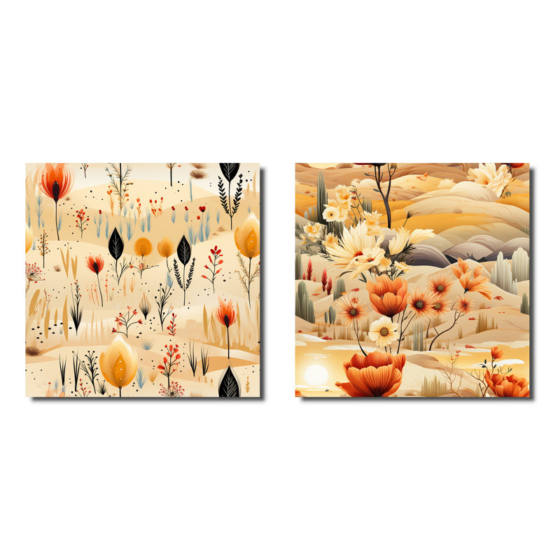 Aubepine - Ensemble de 2 collages carrés botaniques abstraits, H 36 po x l 73 po, Toile tendue