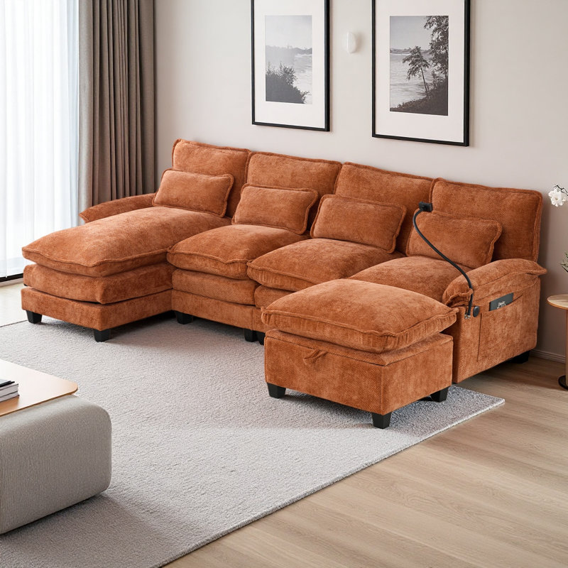 106" U Shape Sectional Sofa Cloud Couch For Living Room, Upholstery Comfy Modular Sofas, 4 Seat Chenille U-Shaped Sleeper Sofa With Chaise Lounge