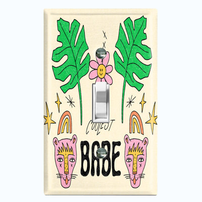 Caricature mignonne de bébé avec une feuille fraîche et un chat à griffes - plaque murale à 1 interrupteur à bascule