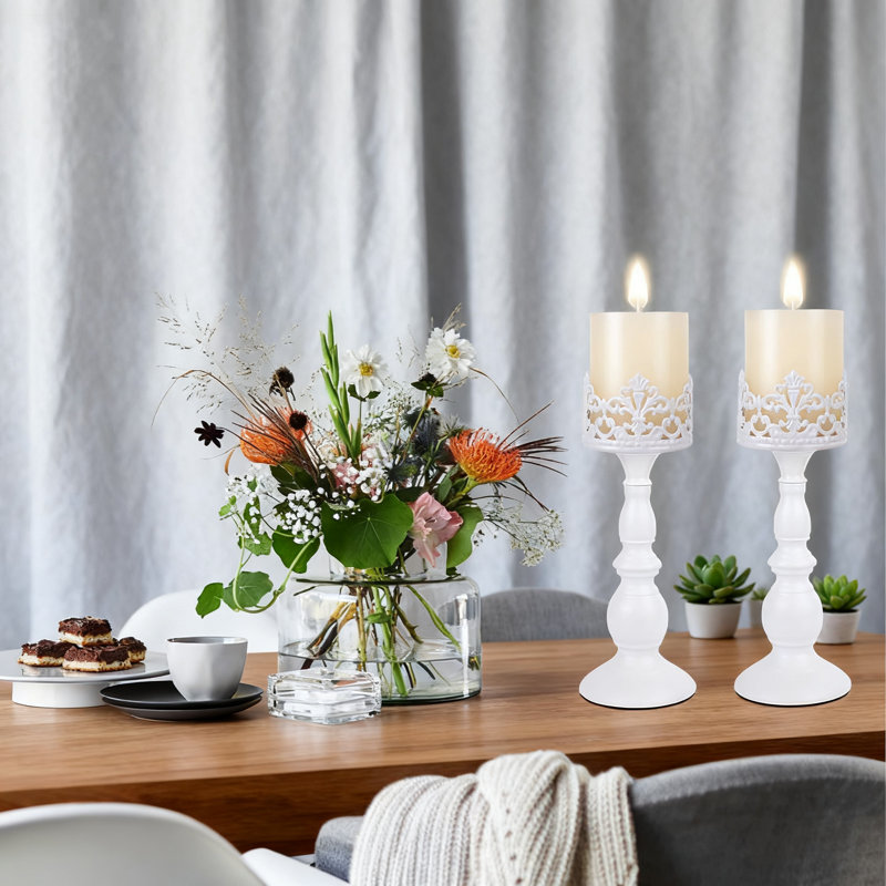 Candle Holders For Pillar Candles, Vintage Tall Candle Stand Set Of 2, Decorative Table Centerpieces For Home Decor, White