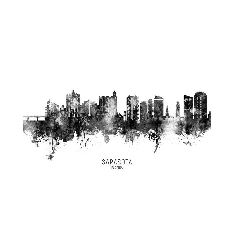 «Sarasota Florida Skyline Name Bw» par Michael Tompsett, impression sur toile tendue, H 12 po x l 18 po x P 1,5 po