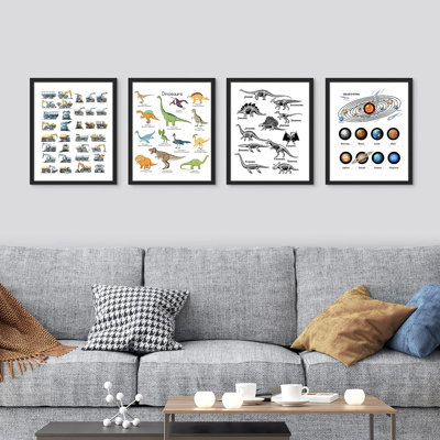 " Dinosaur Planet Solar System Chart Wall Art Set Of 4 Boy's Bedroom Illustration Prints Contemporary " 4 - Pieces