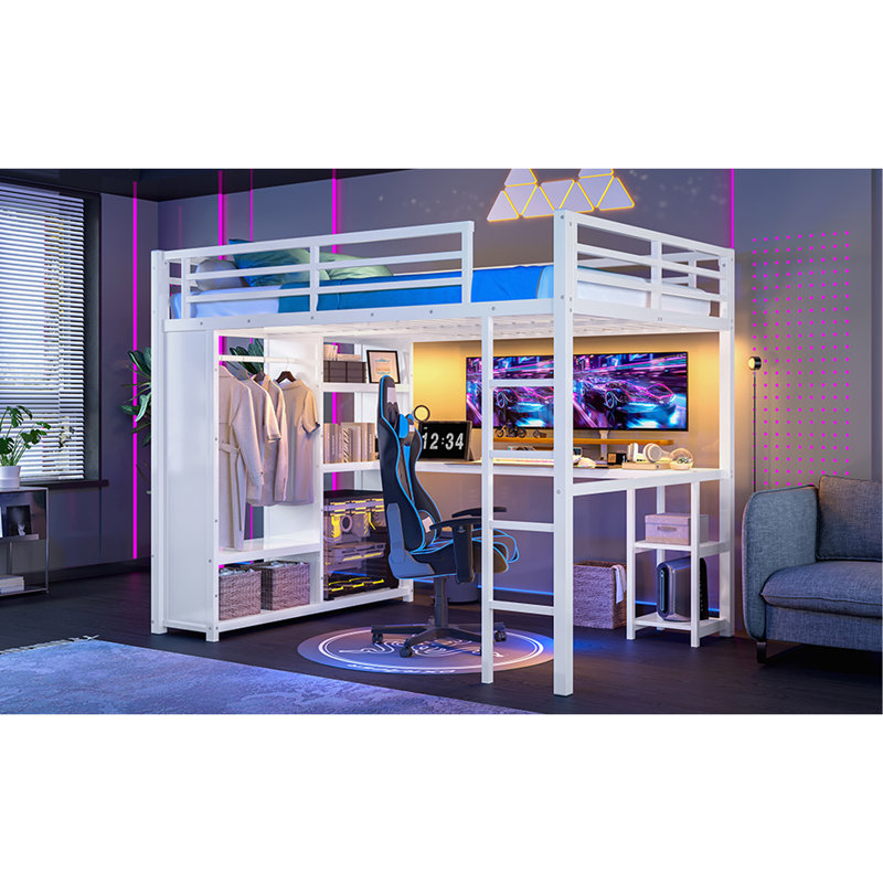 Lit mezzanine grand format avec garde-robe intégré, lit mezzanine en métal avec bureau et tablettes de rangement, blanc