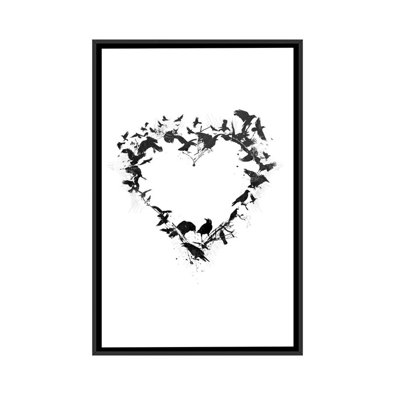 « oiseau cœur », impression sur toile tendue, H 26 po x l 18 po x P 1,5 po, Toile avec cadre noir, Pas de tapis