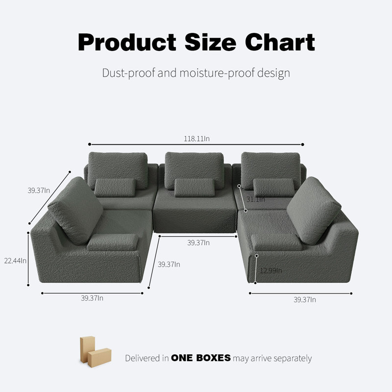 Modular Sectional Sofa Luxury Boucle Floor Couch Convertible Compressed Couch Spacious Foam-Filled Gray Sofa For Living Room 2 Seater Sofa