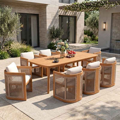 Outdoor 8-Person Solid Wood Dining Set with Cushions