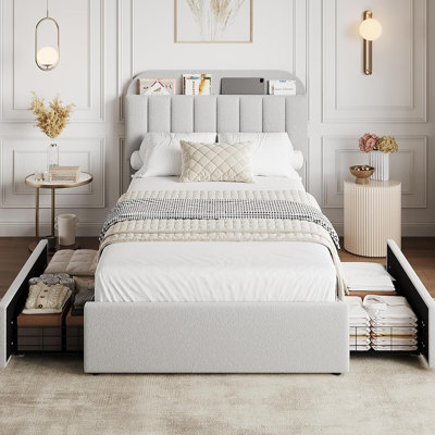 Cadre de lit simple TG avec tête de lit, cadre de lit Boucle avec 2 tiroirs, cadre de lit plateforme tapissier avec bibliothèque, aucun sommier nécessaire, silencieux, assemblage facile, gris