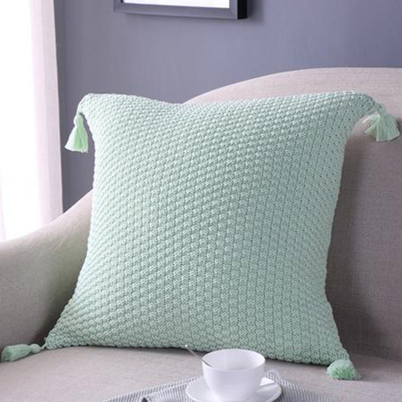 Pack of 1 Square Knitted Tassels Corner  Throw Pillow cover 18"x18", Pillow Cover, Light Green