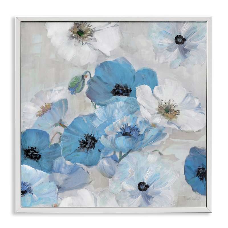 Fleurs bleues et blanches, estampe numérique par Sally Swatland, Giclée encadrée blanc bord de mer, H 24 po x l 24 po