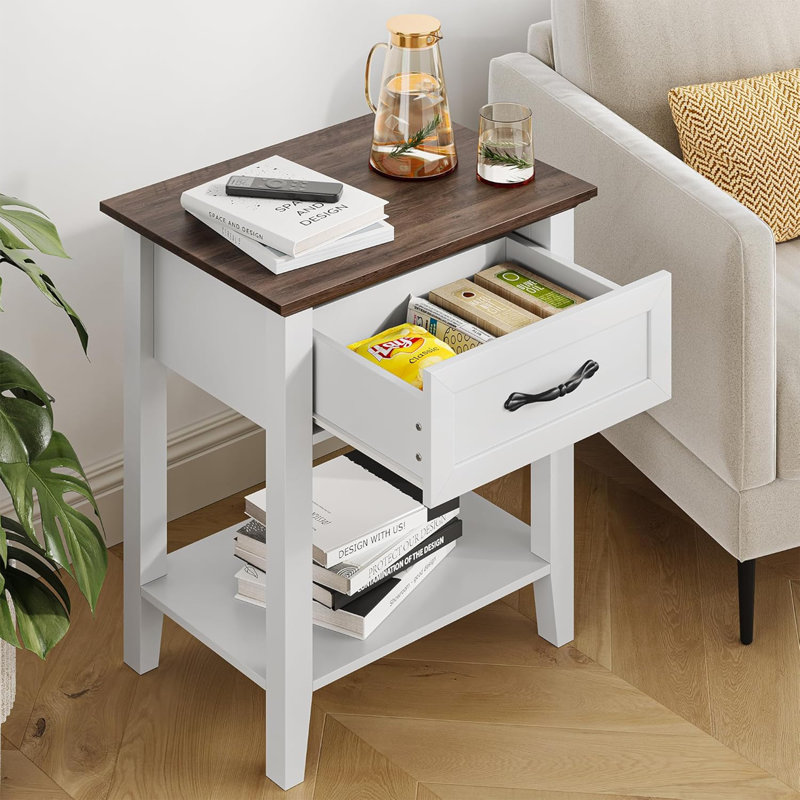 Table de bout avec tiroir, table d'appoint pour le salon, Blanc / Brun, Ensemble de 2