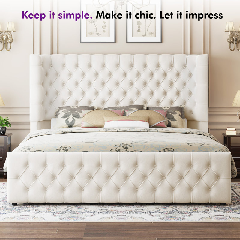 Deep Tufted Headboard Upholstered Wingback Bed, Queen, Cream