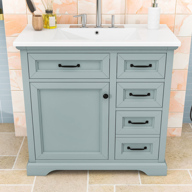 Meuble-lavabo en bois avec lavabo en céramique, quatre tiroirs et porte à fermeture en douceur, Gris