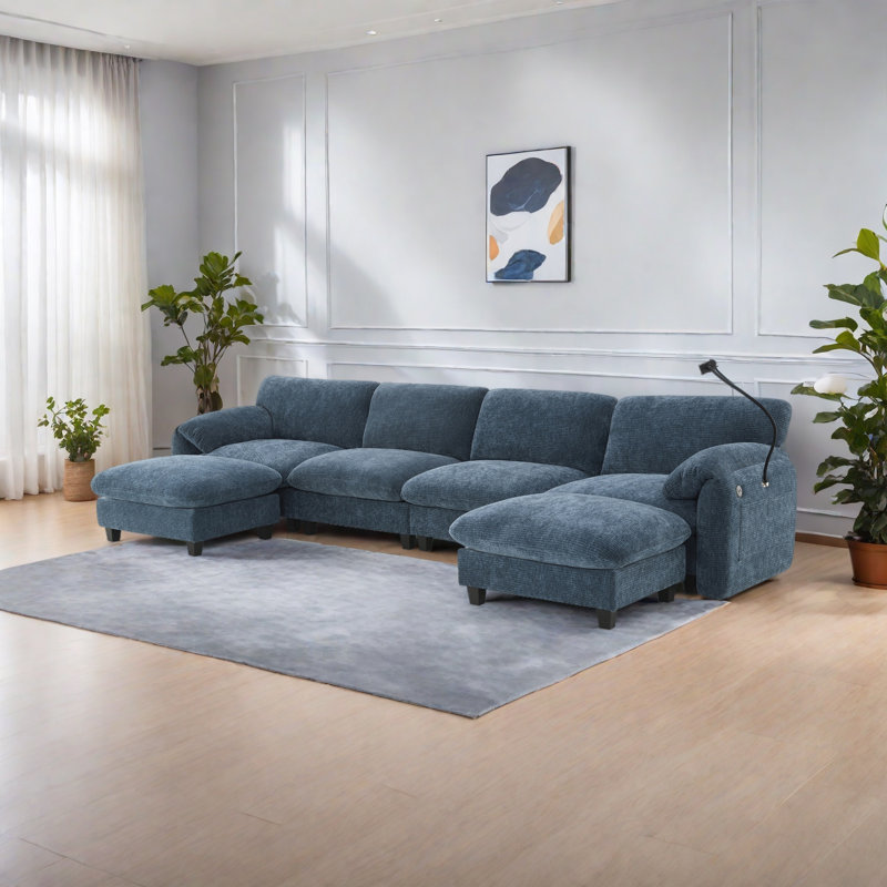 Canapé modulaire modulaire en forme de U avec coussin de siège extra large de 31,5 po, chargeur USB et de type C, support pour téléphone et 2 poches de rangement latérales, repose-pieds à mouvement libre, chenille rayée