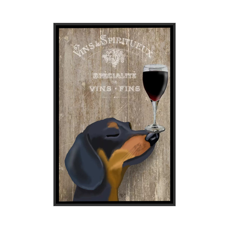 «Dog Au Vine Dachshund», impression sur toile, H 26 po x l 18 po x P 1,5 po, Toile avec cadre noir, Pas de tapis