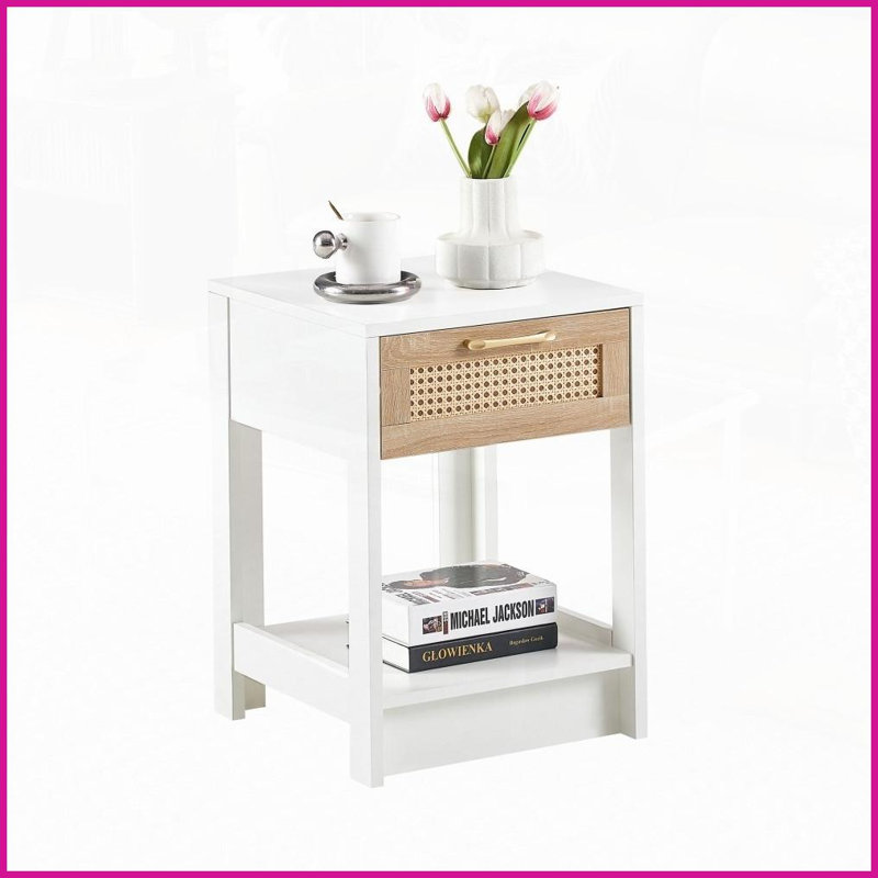 Panneau de fibres à densité moyenne blanc Table basse en rotin avec tiroir - Table d'appoint facile à nettoyer pour le salon / la chambre à coucher, assemblage rapide