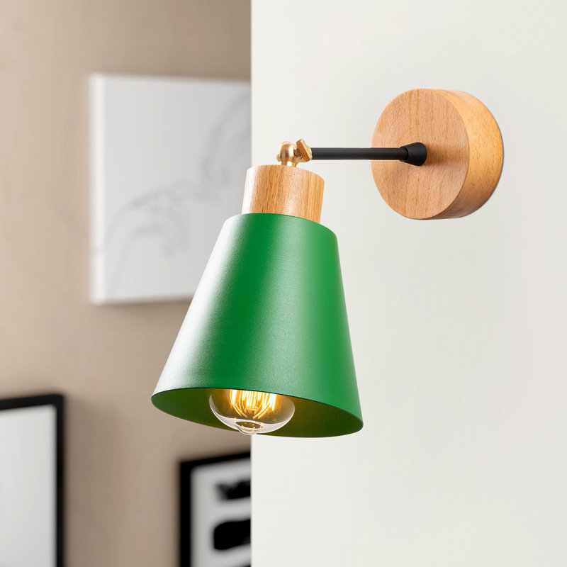 Modern Green Wall Lamp with Metal Body & Wooden Base, 5.5 Diameter x 9.8 Height | E27 Socket (Max 40W) | Stylish & Functional Lighting for Home Décor, IP20 Rated, Perfect for Living Room & Bedroom Spaces