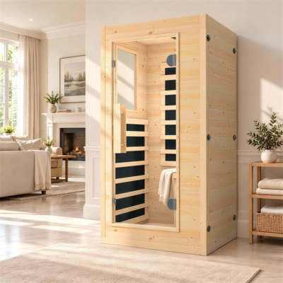 1-Person Indoor Infrared Sauna with Premium Spruce Wood, Bluetooth Speakers, Digital Control Panel, 120V/900W for Home Spa & Relaxation