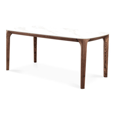 Table de salle à manger rectangulaire moderne de 5,9 pi avec plateau en céramique et structure en bois de frêne massif teint noyer, givré, hygiénique, imperméable, léger et résistant à la chaleur